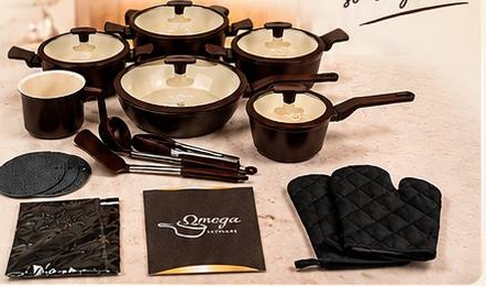 Kit completo Omega com panelas, utensílios, descansos, luva, pano e manual